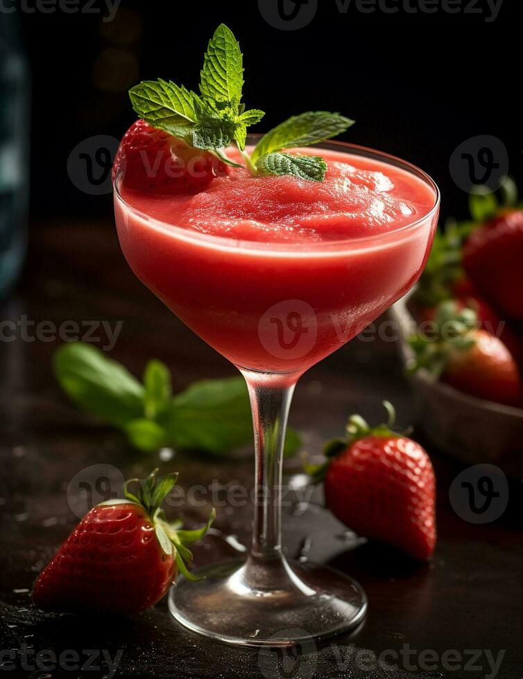 Photo of some Strawberry Daiquiri drink elegantly plated on a table. Generative AI