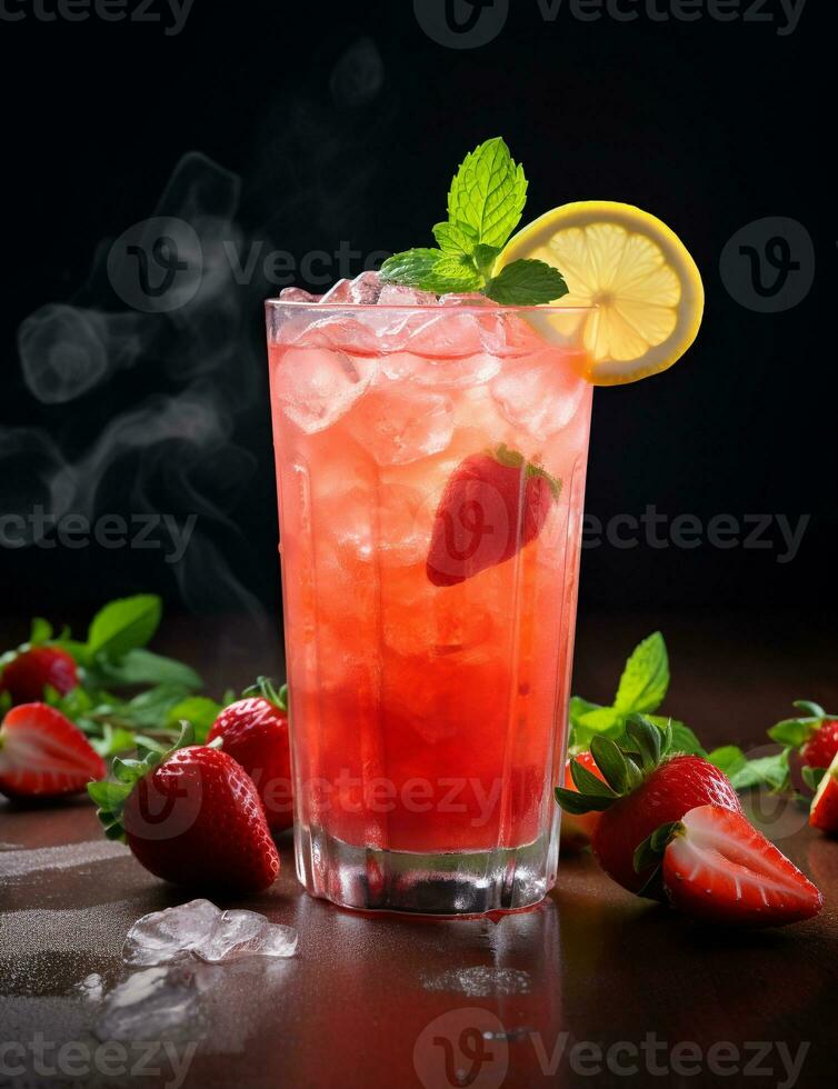 Photo of some Strawberry Lemonade drink elegantly plated on a table. Generative AI