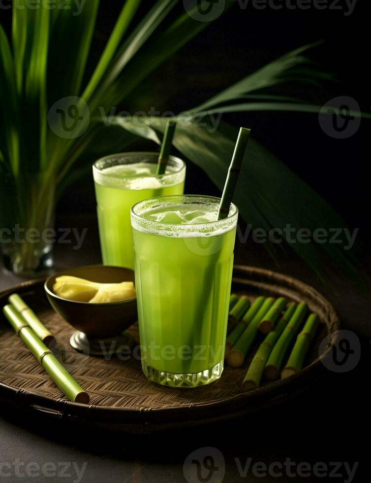 Photo of some Sugarcane Juice drink elegantly plated on a table. Generative AI