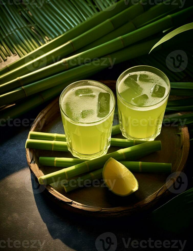 Photo of some Sugarcane Juice drink elegantly plated on a table. Generative AI