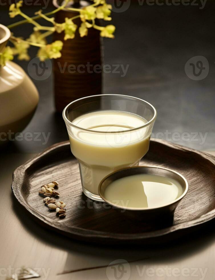 Photo of some Tibetan Butter Tea drink elegantly plated on a table. Generative AI