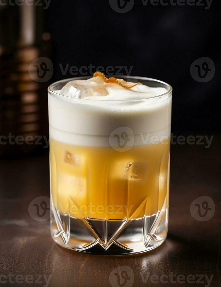 Photo of some Whiskey Sour drink elegantly plated on a table. Generative AI