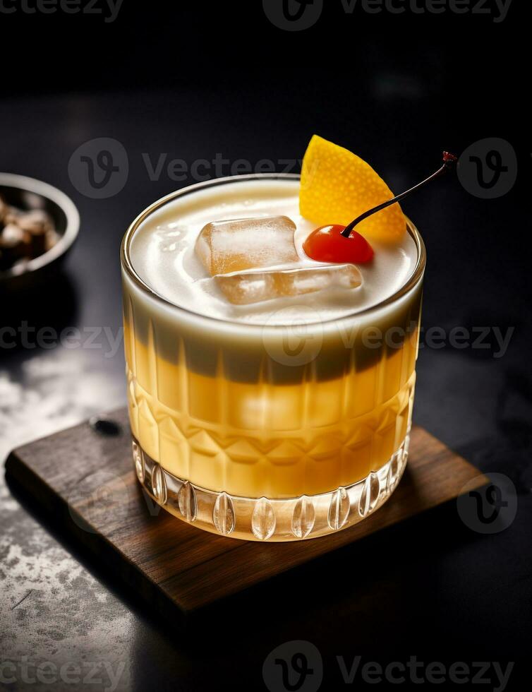 Photo of some Whiskey Sour drink elegantly plated on a table. Generative AI