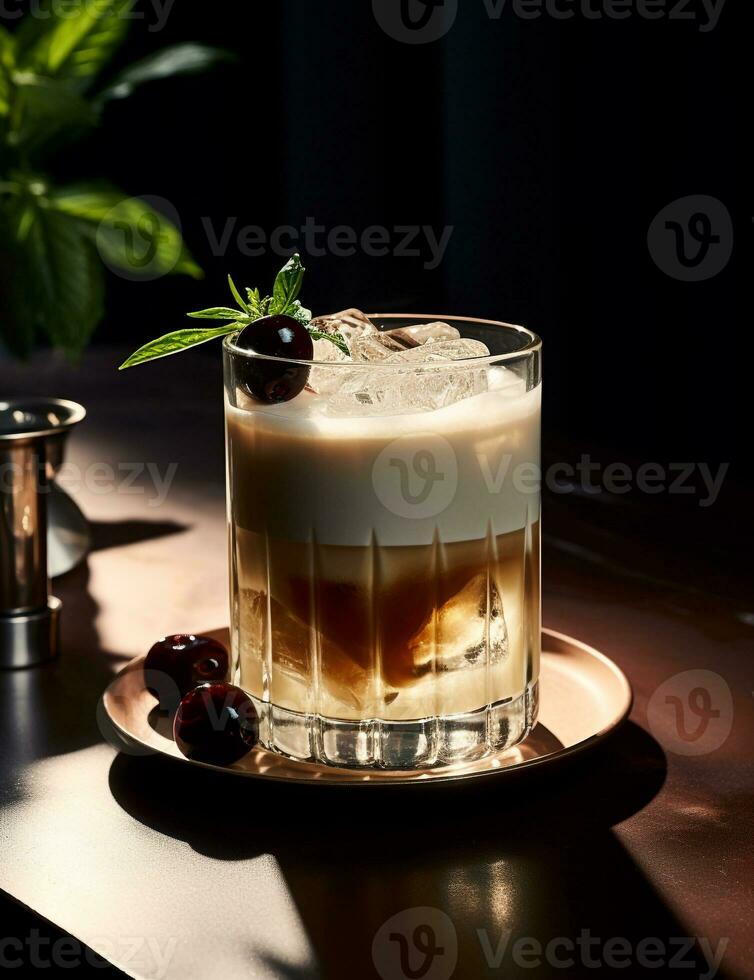 Photo of some White Russian drink elegantly plated on a table. Generative AI