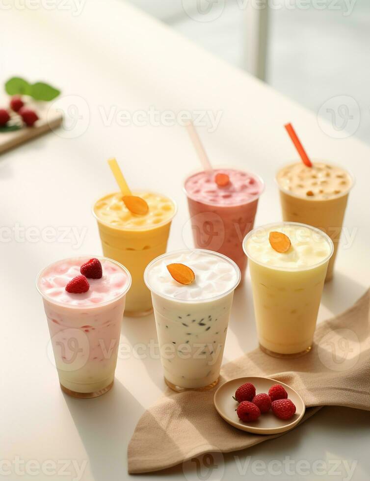 Photo of some Yakult drink elegantly plated on a table. Generative AI