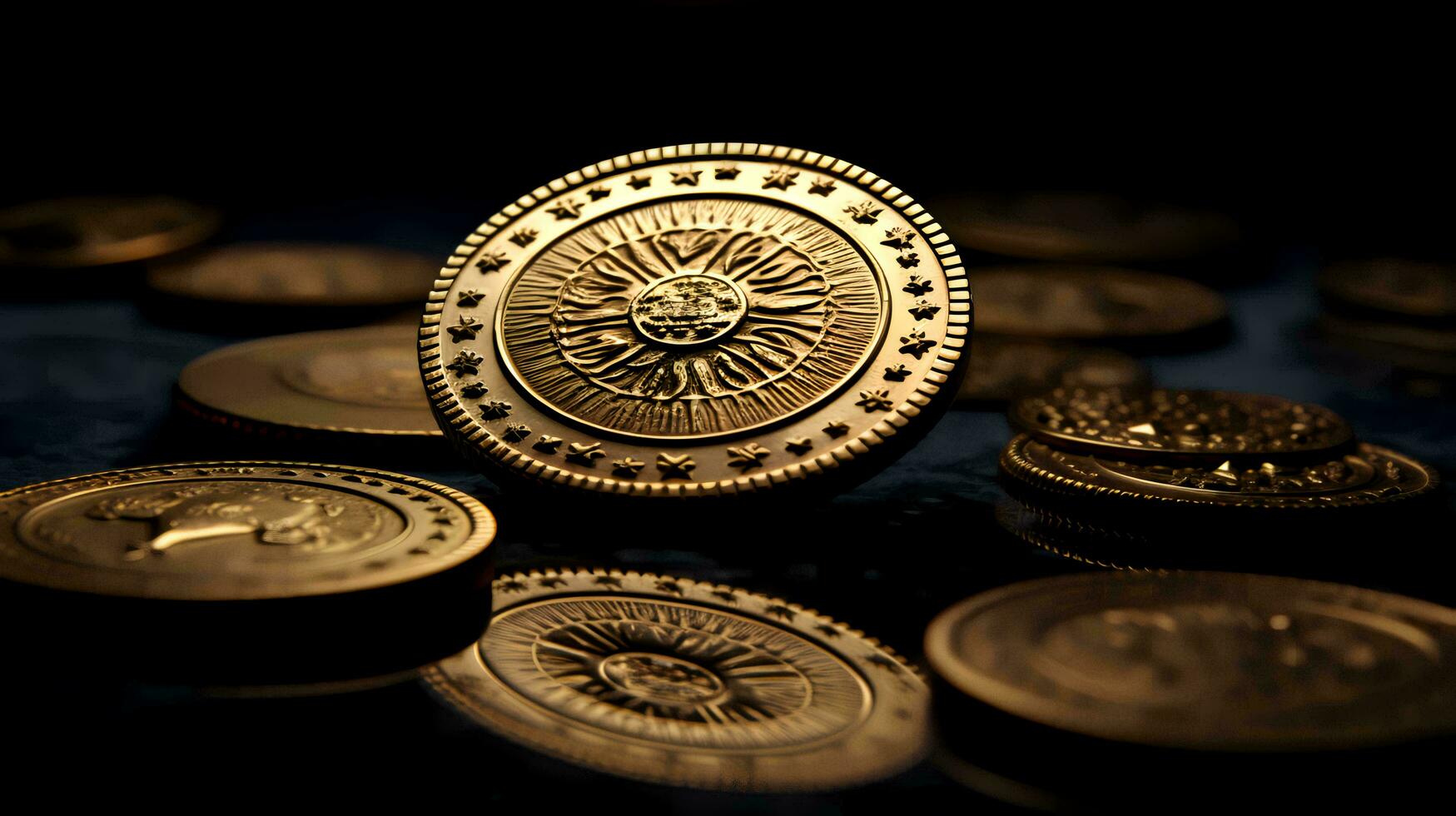 ancient coins on black background. Generative AI photo