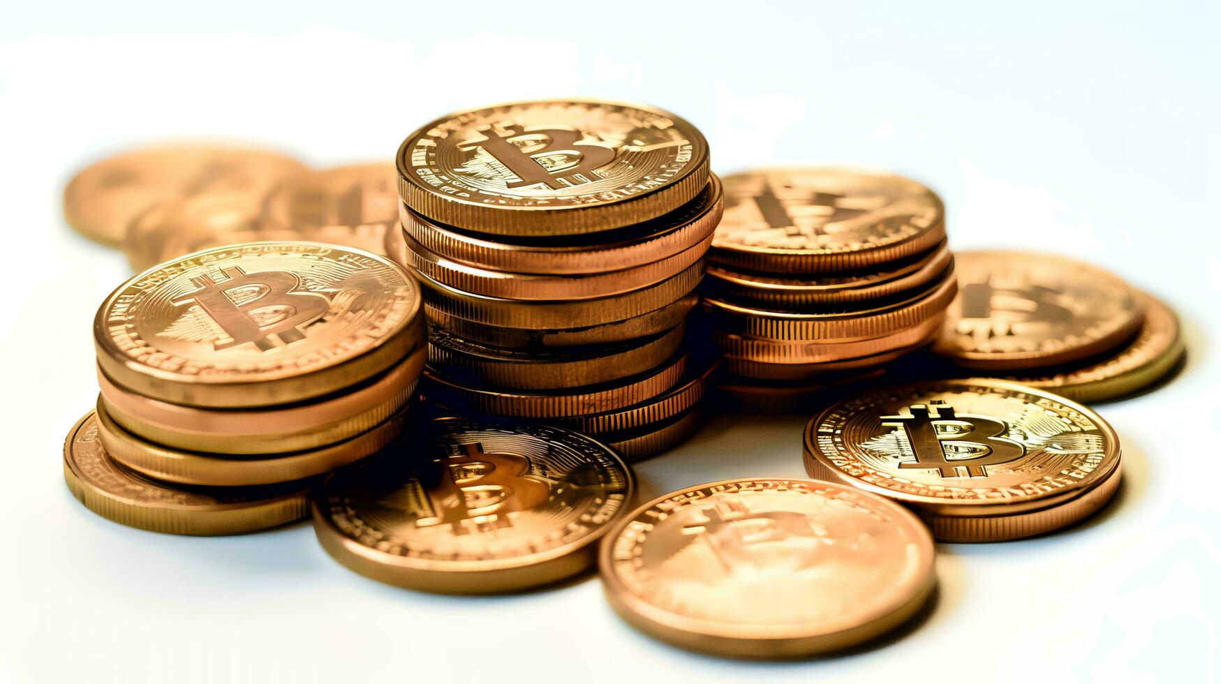 piles of bitcoins on white background. Generative AI photo