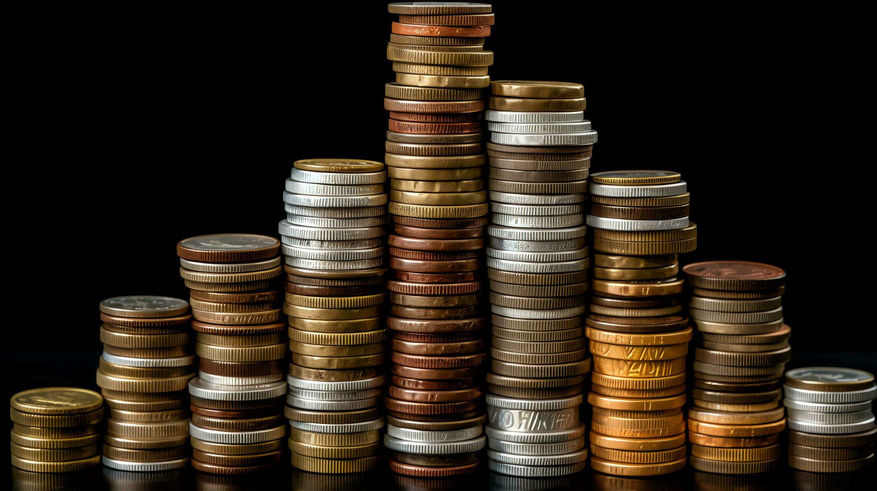 piles of coins on black background. Generative AI photo