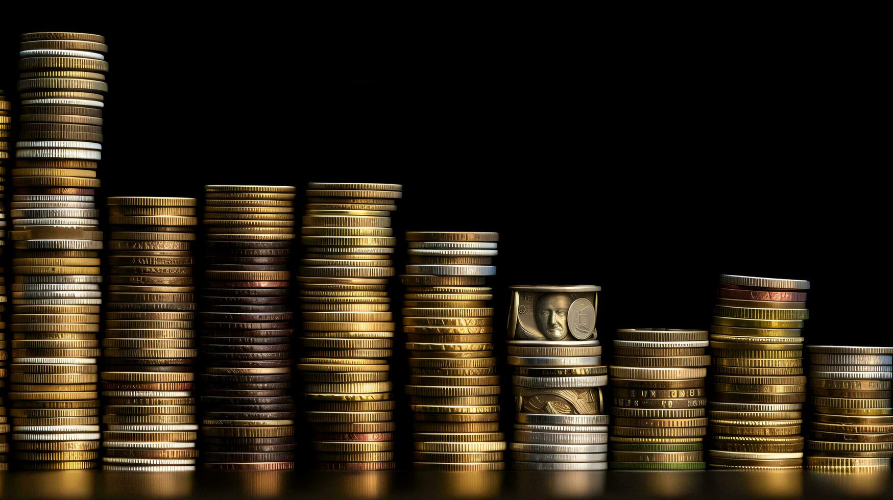 pila de algo de monedas en negro antecedentes. generativo ai foto