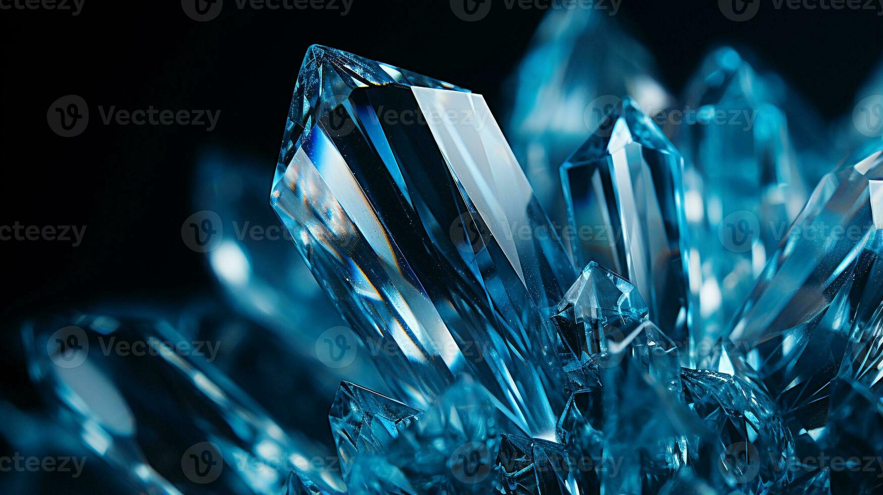 Photograph a mesmerizing close-up of a sparkling Aquamarine held against a velvety black background. Generative AI photo