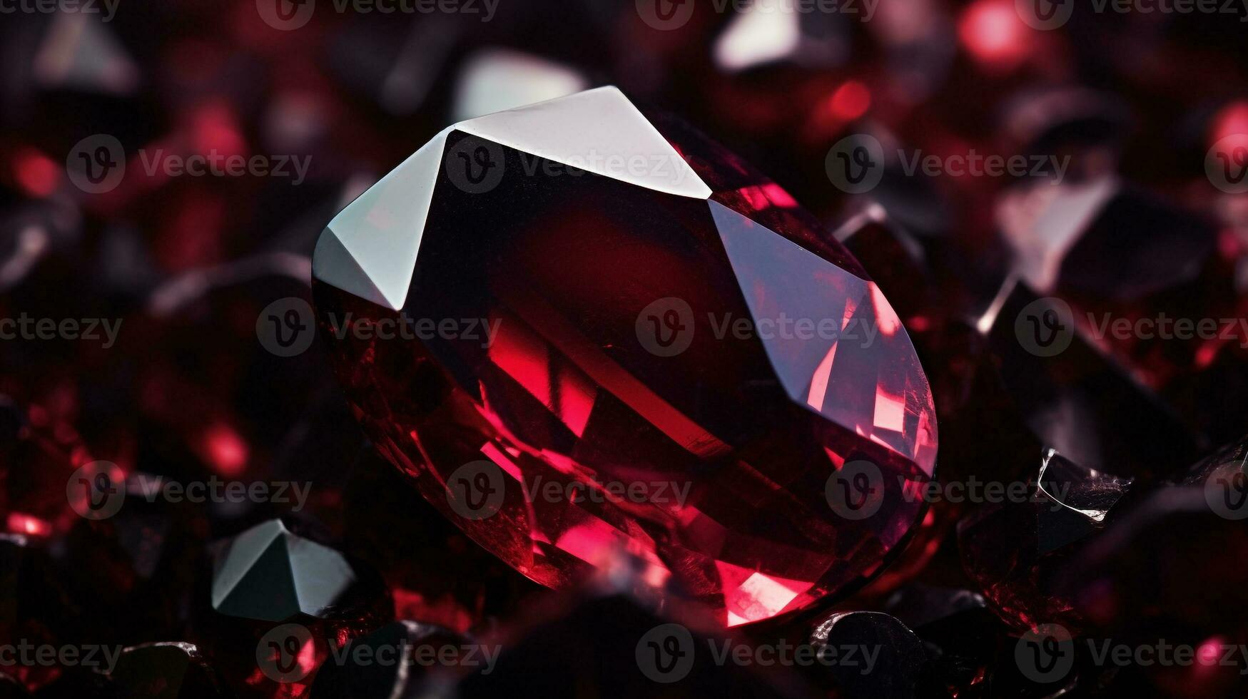Photograph a mesmerizing close-up of a sparkling Garnet held against a velvety black background. Generative AI photo