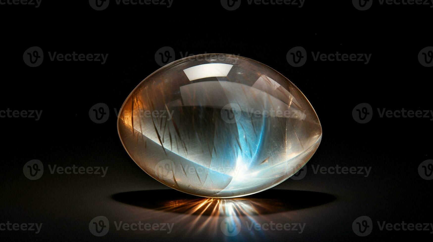 Photograph a mesmerizing close-up of a sparkling Moonstone held against a velvety black background. Generative AI photo