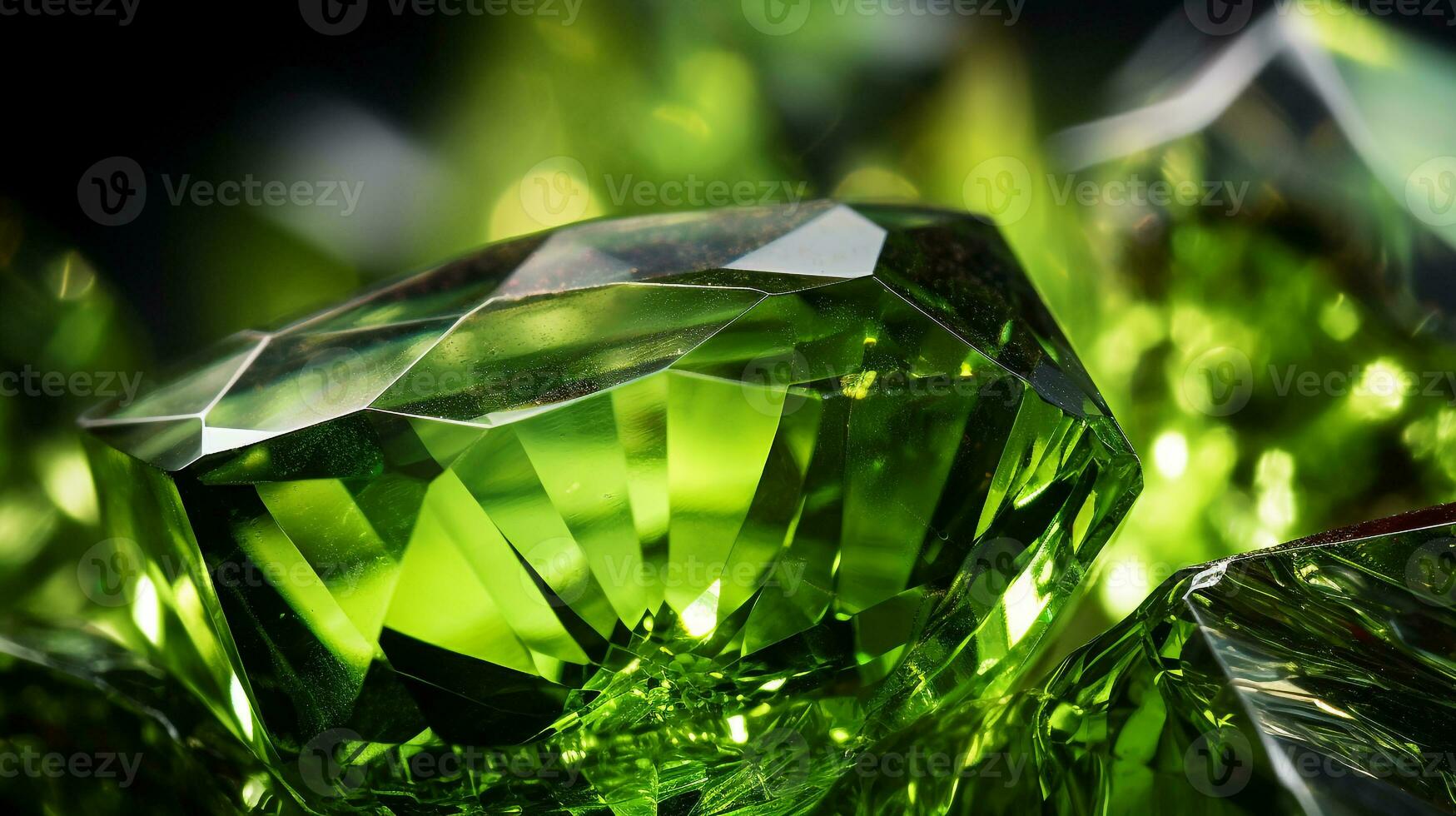 Photograph a mesmerizing close-up of a sparkling Peridot held against a velvety black background. Generative AI photo