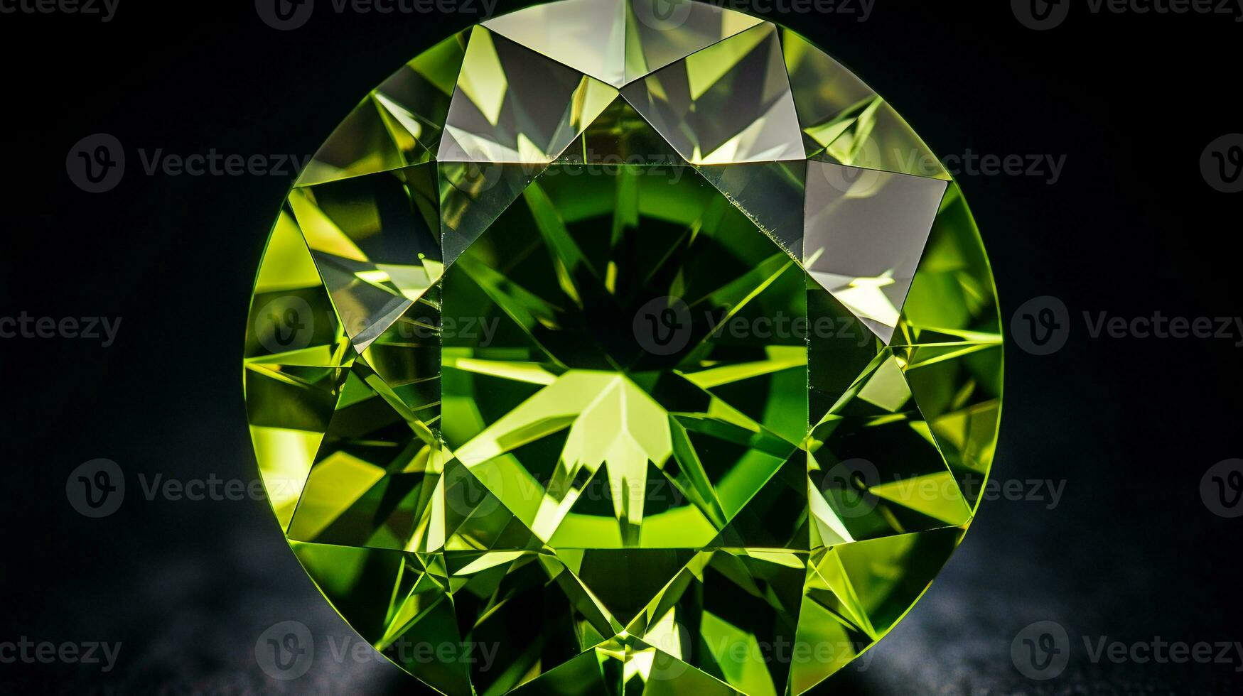 Photograph a mesmerizing close-up of a sparkling Peridot held against a velvety black background. Generative AI photo