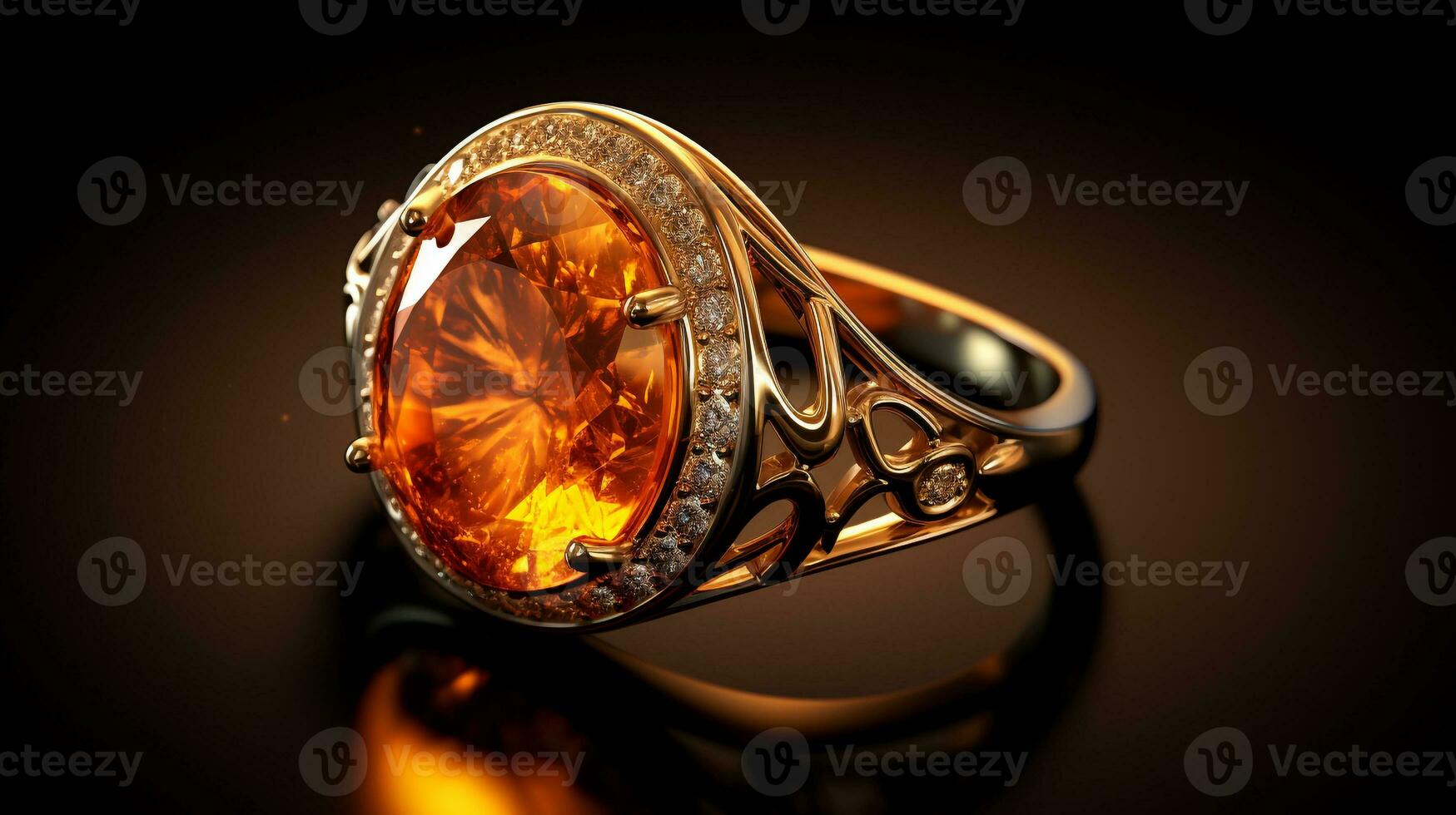 Photograph an elegant ring featuring a radiant Amber on a jewelry box, symbolizing luxury and pricy. Generative AI photo