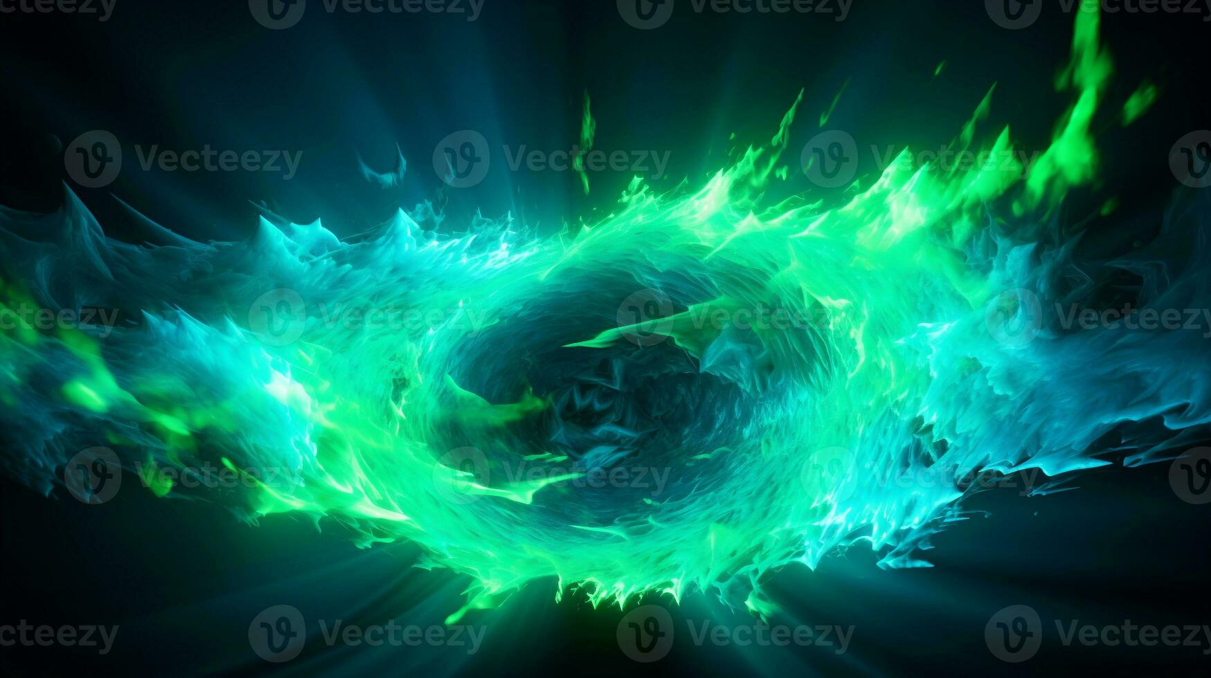 Explosion with cool blue wave pattern with green and black neon light. Generative AI photo