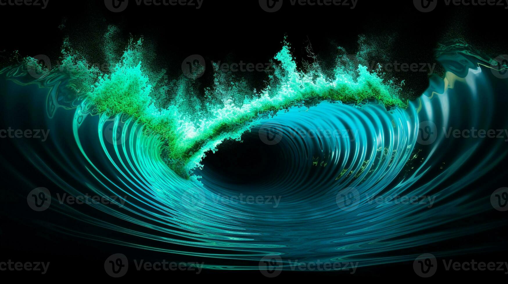 Explosion with cool blue wave pattern with green and black neon light. Generative AI photo