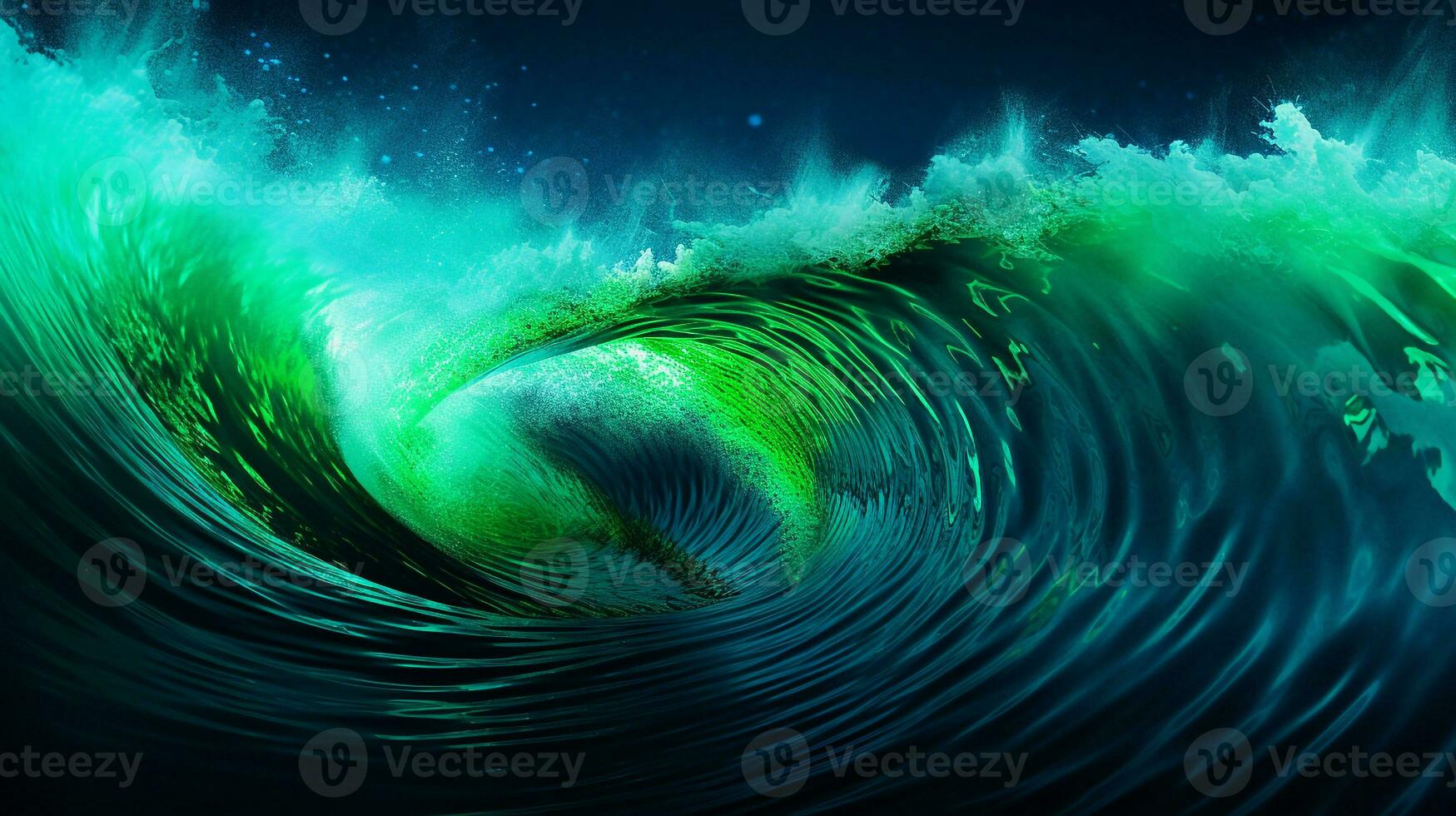 Explosion with cool blue wave pattern with green and black neon light. Generative AI photo