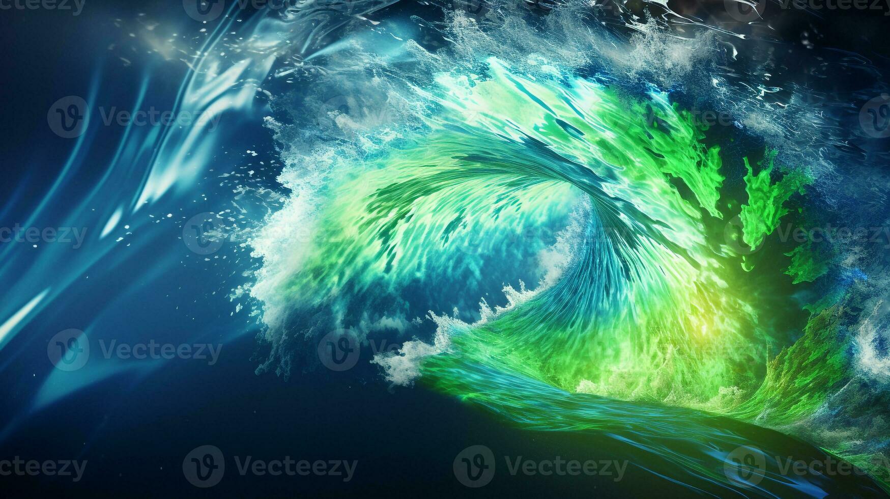 Explosion with cool blue wave pattern with green and black neon light. Generative AI photo