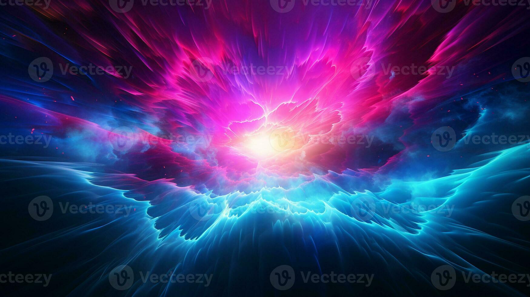 Explosion with cool blue wave pattern with green and pink neon light. Generative AI photo
