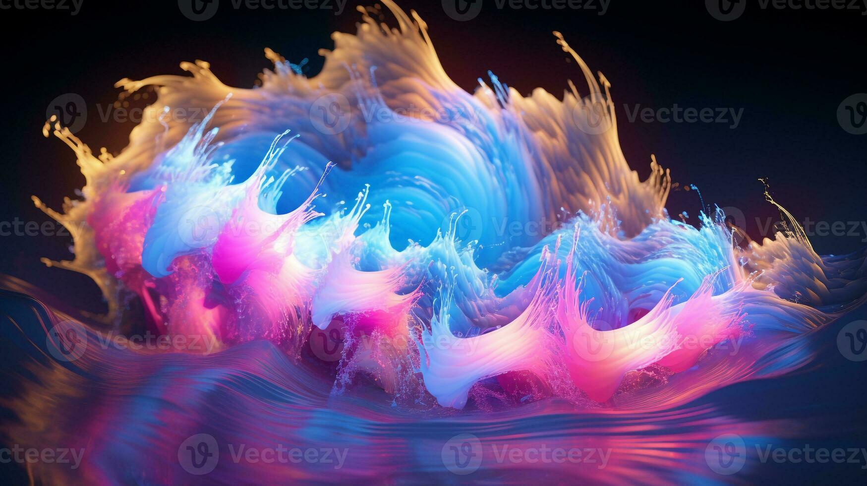 Explosion with cool blue wave pattern with yellow and pink neon light. Generative AI photo