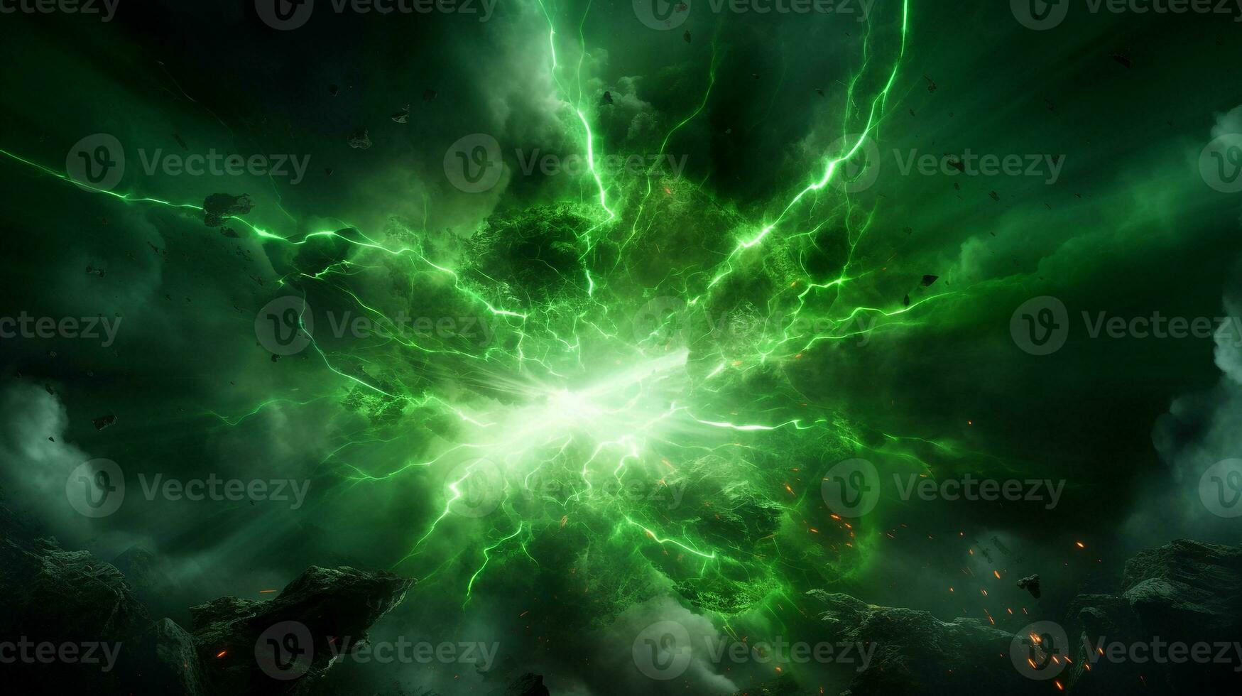 Explosion with green lighting. Generative AI photo