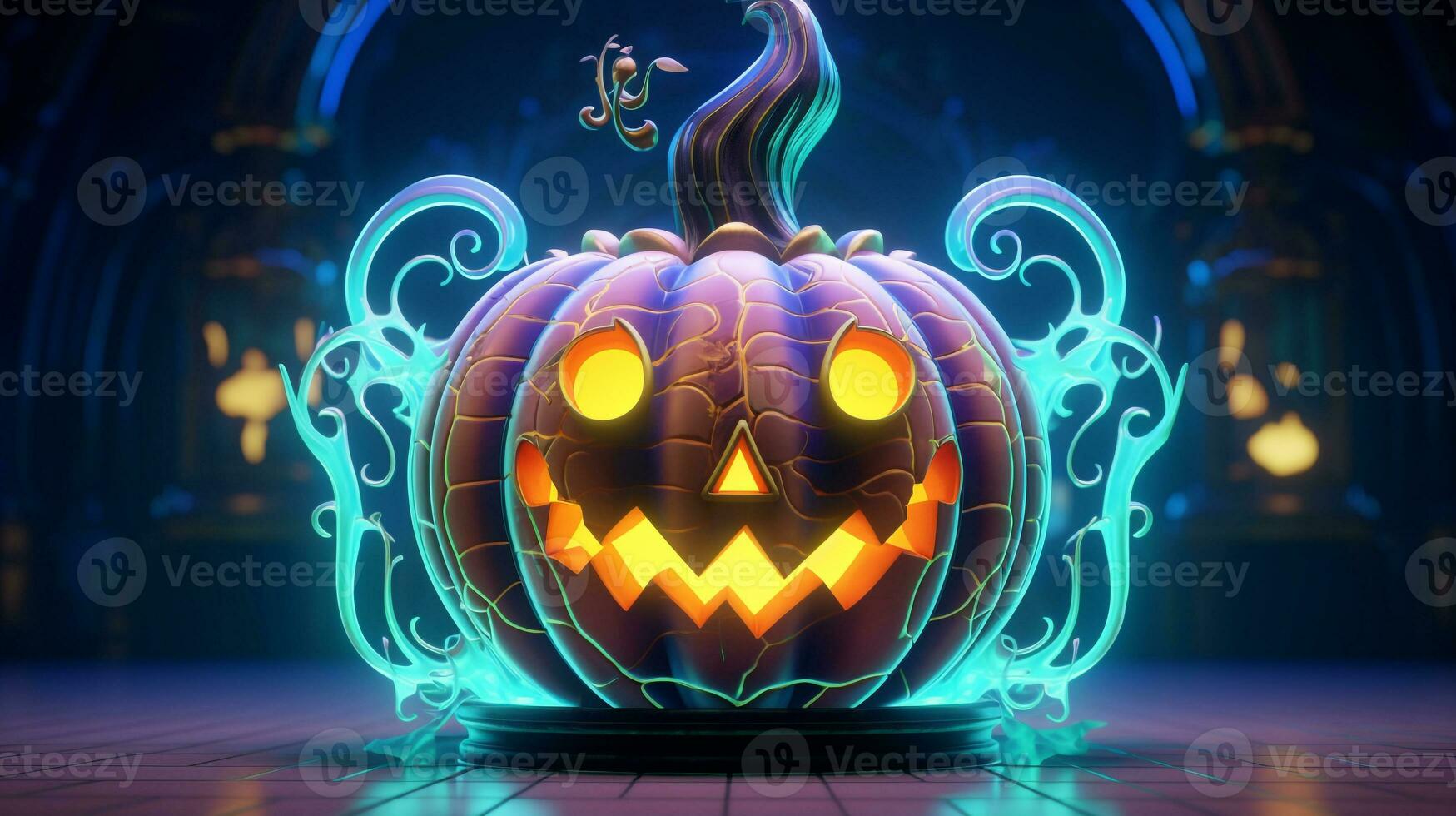 Pumpkin steampunk with a cool blue wave pattern with green and pink neon light. Generative AI photo