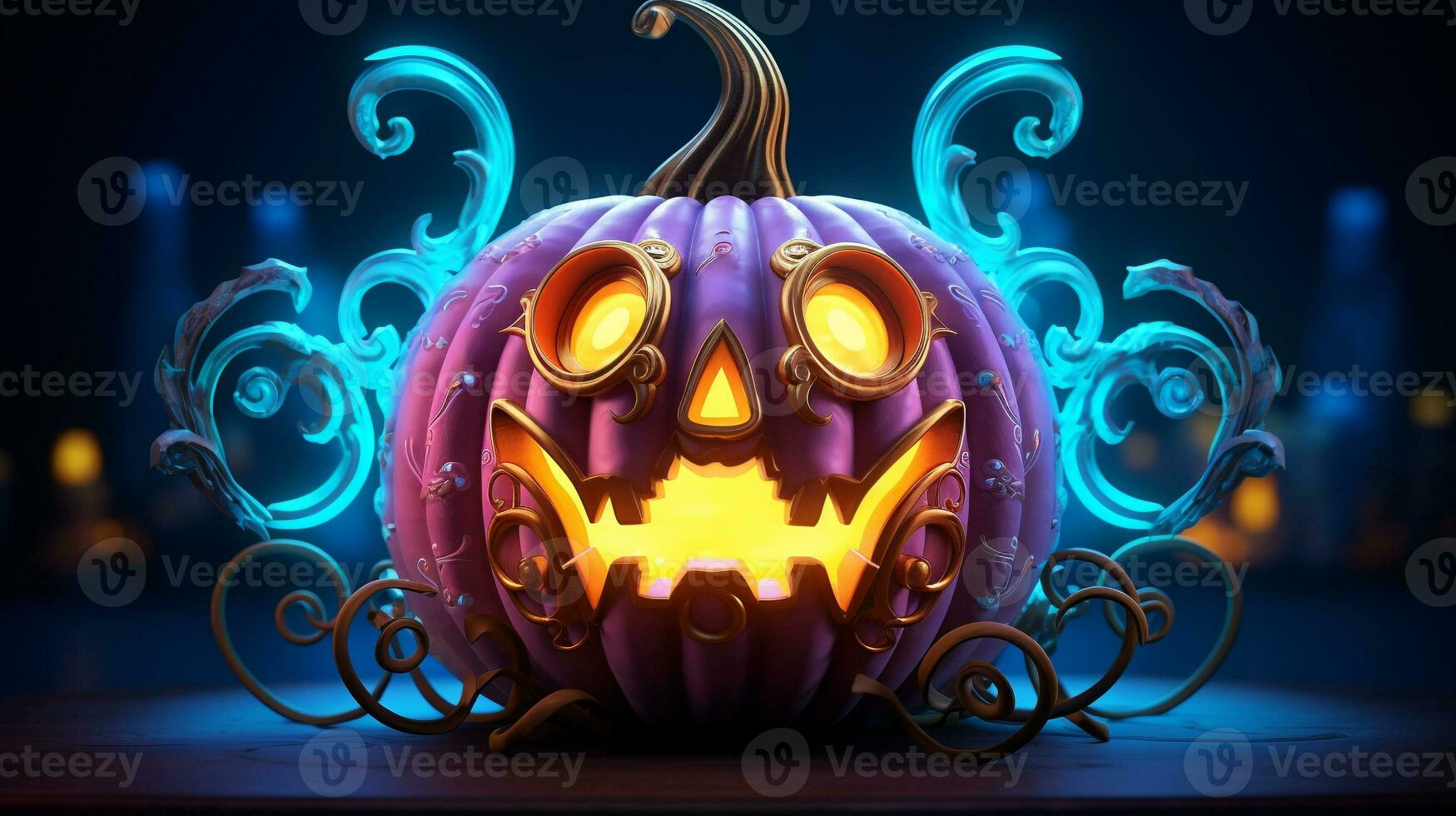 Pumpkin steampunk with a cool blue wave pattern with green and pink neon light. Generative AI photo