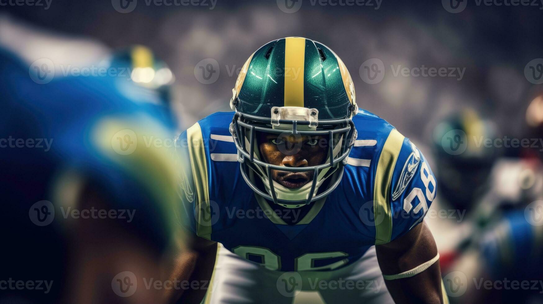 Close-up of the face of an American football player. Generative AI photo