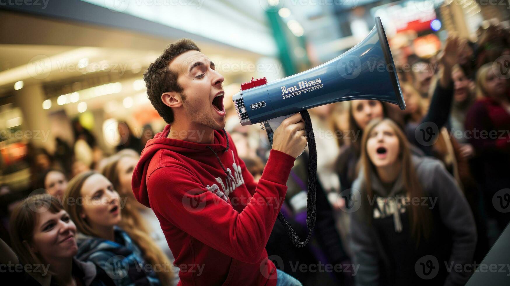 During the Black Friday spree, a packed person with a megaphone alerts shoppers of the latest discounts and offers. Generative AI photo