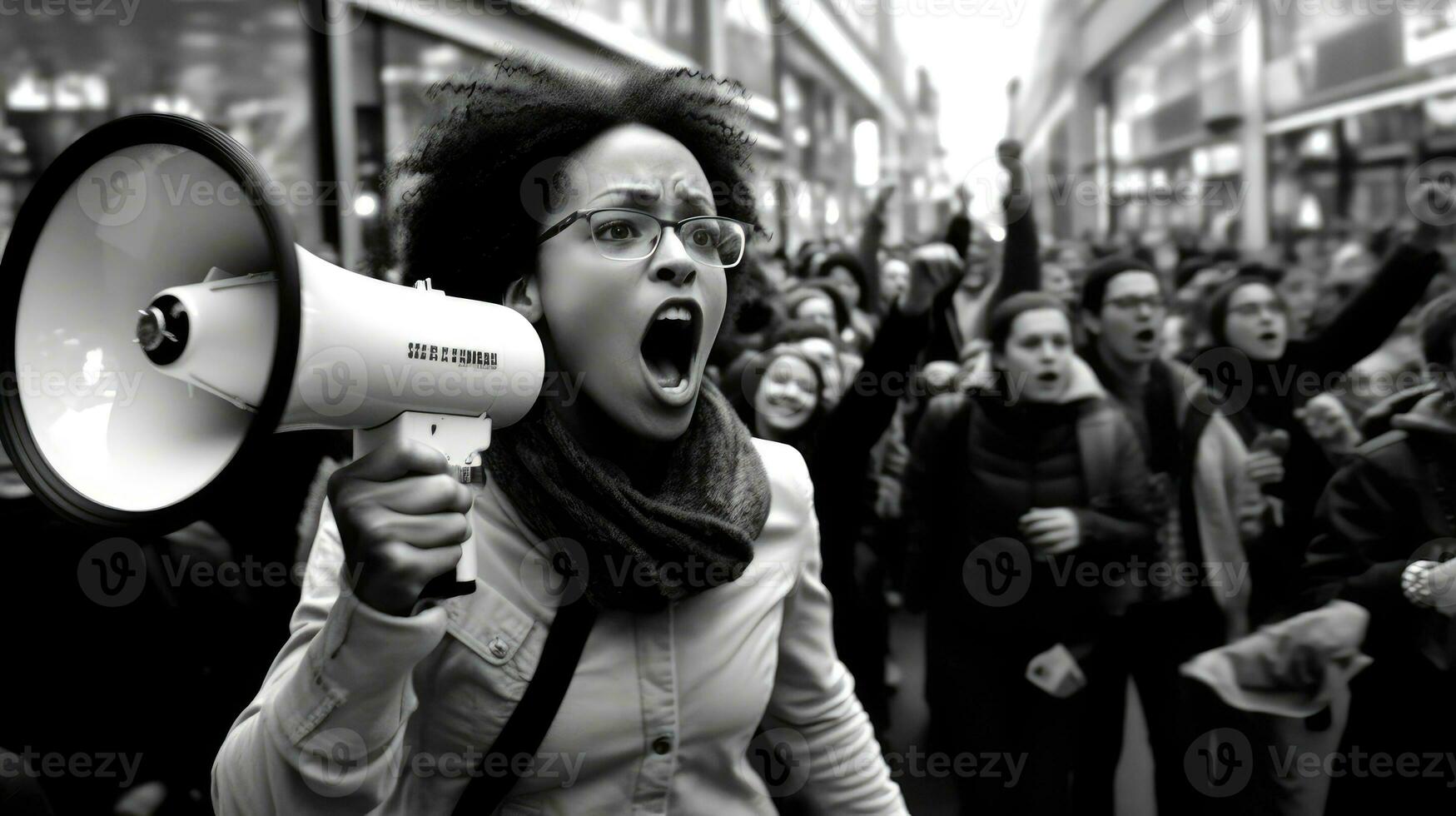 During the Black Friday spree, a packed person with a megaphone alerts shoppers of the latest discounts and offers. Generative AI photo