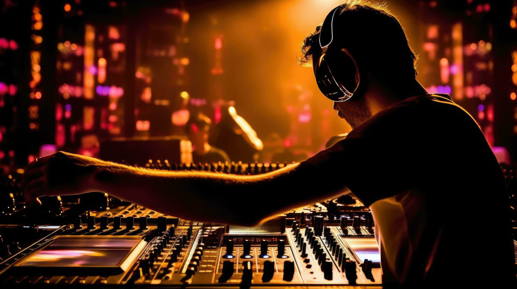 un DJ inmerso en el Arte de mezclar, manos hábilmente moverse tocadiscos a crear un sinfonía de latidos generativo ai foto