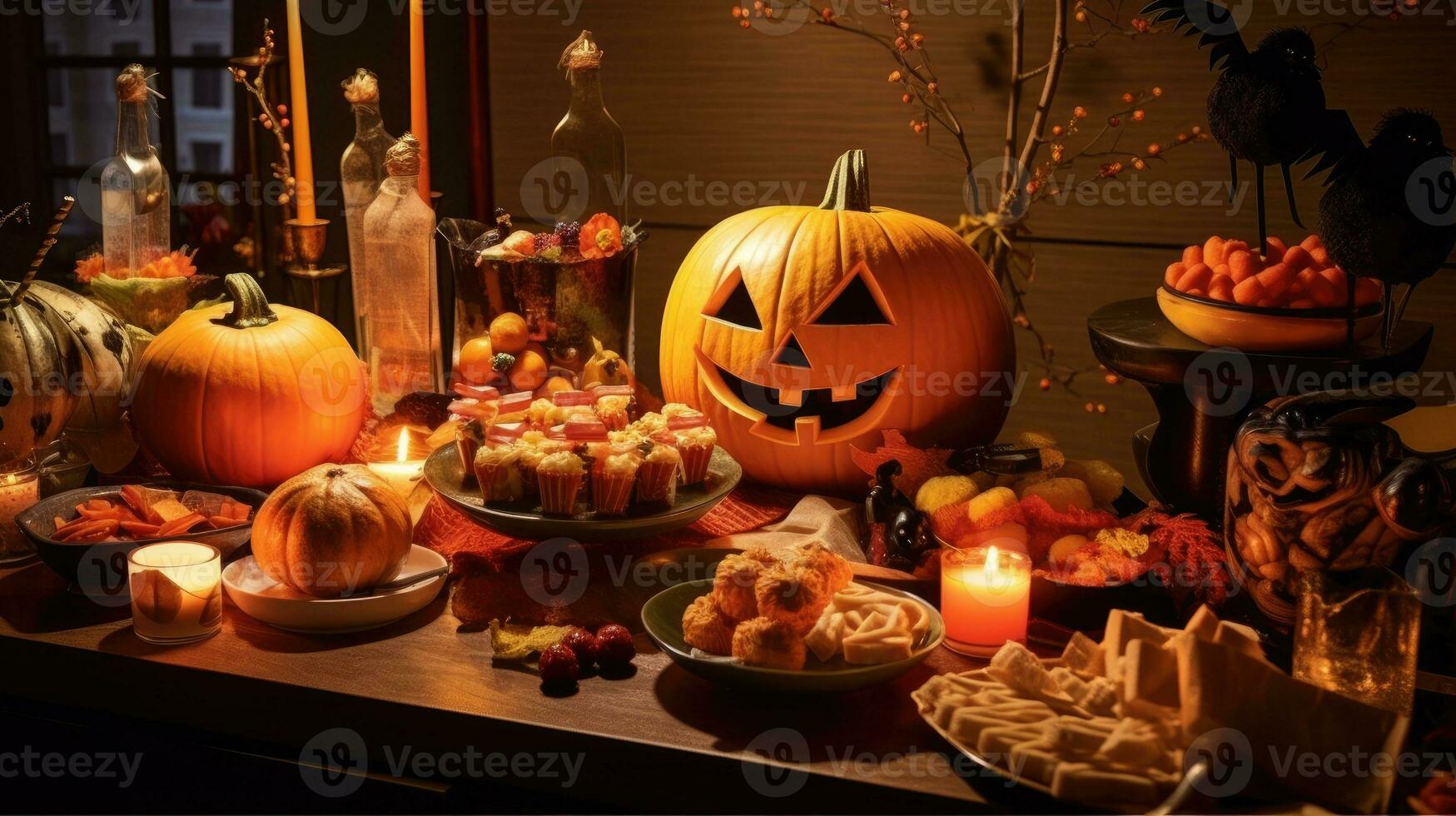 Halloween day food concept on wooden table. Generative AI photo