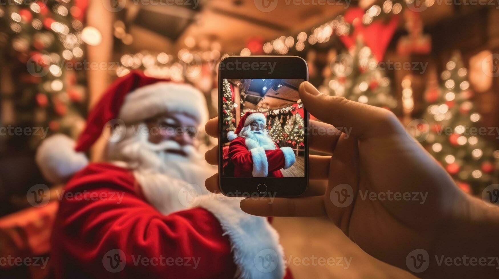 Santa Claus holding a phone. Generative AI photo