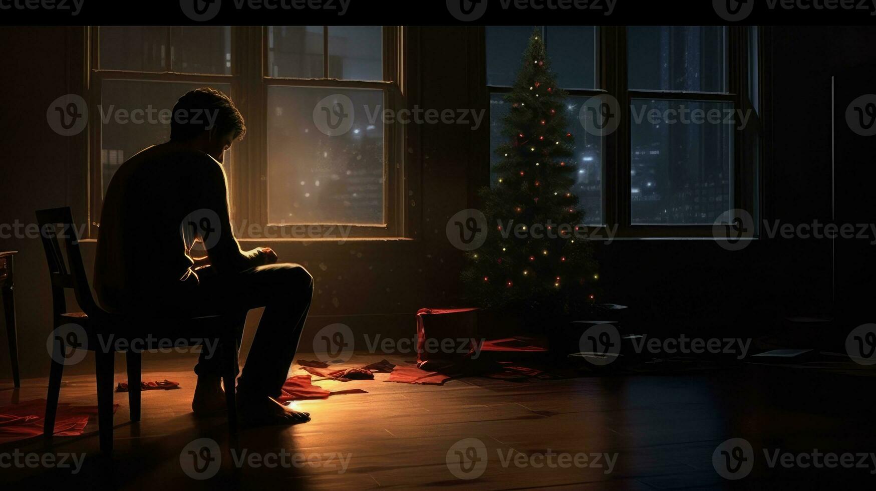 Lonely man spending Christmas alone in the dark of night. Generative AI photo