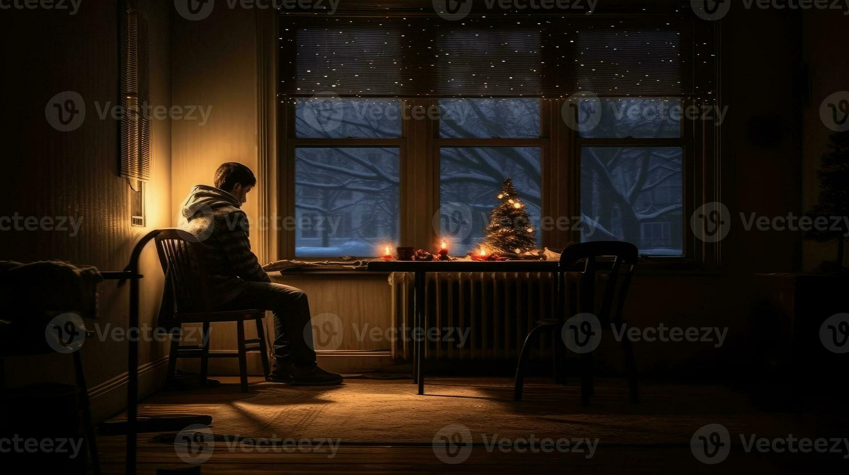 solitario hombre gasto Navidad solo en el oscuro de noche. generativo ai foto
