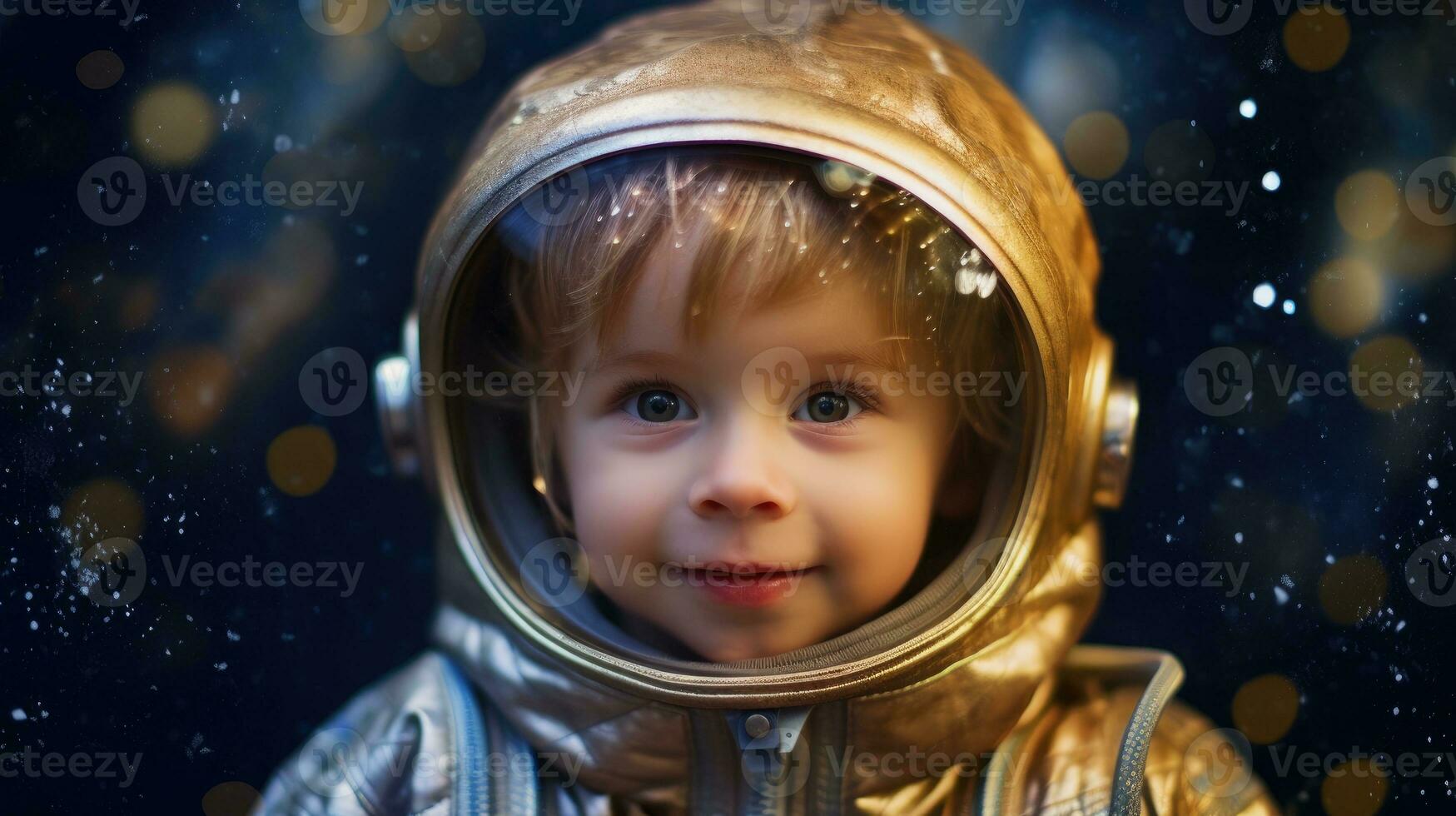 Cute little boy is dressed in astronaut suit and his eyes are full of curiosity. Generative AI photo