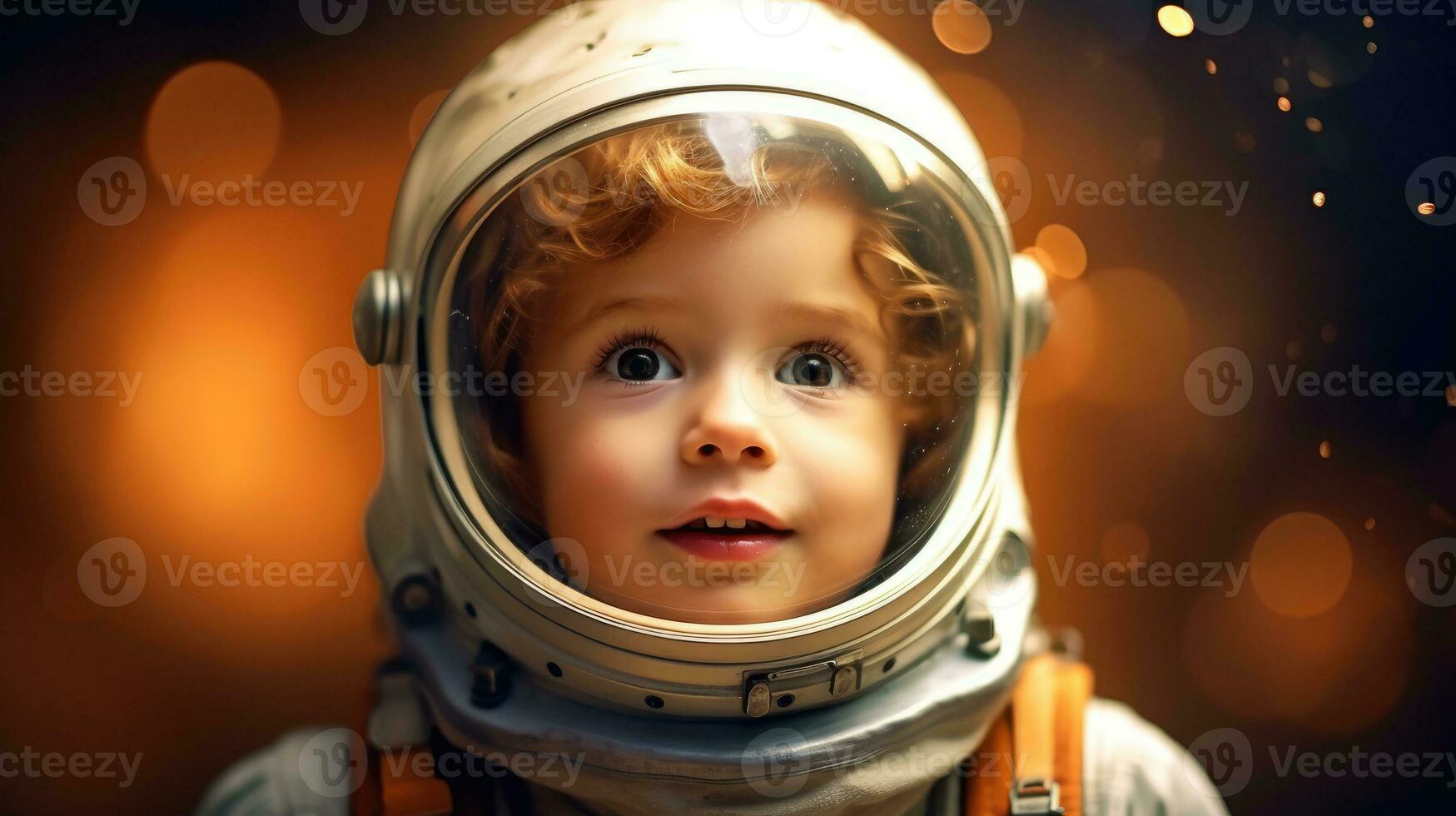 Cute little boy is dressed in astronaut suit and his eyes are full of curiosity. Generative AI photo