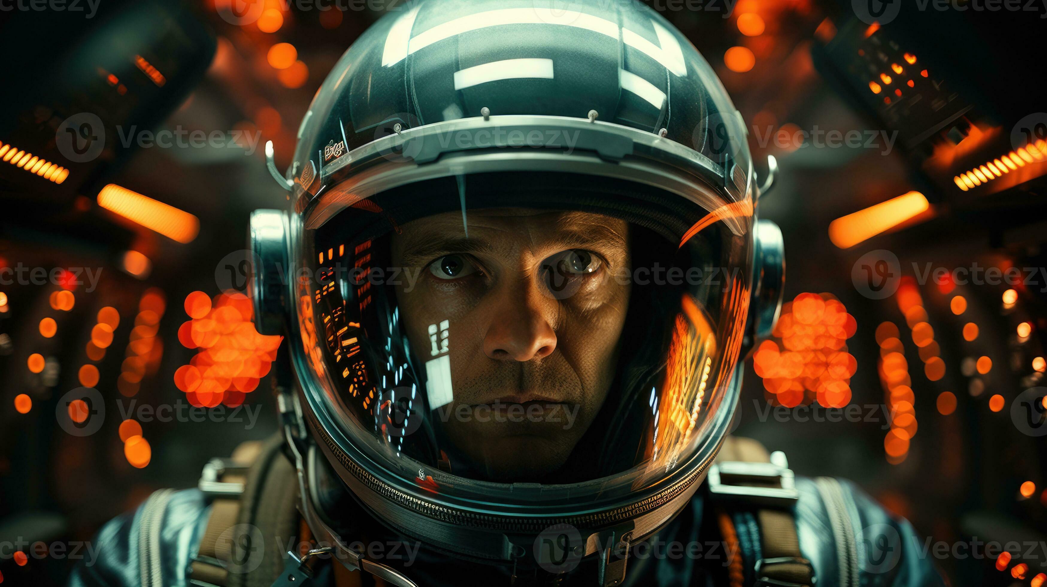 Close-up astronaut in the environment reflecting the lights and images of  the cockpit of a spaceship. Generative AI 30709599 Stock Photo at Vecteezy
