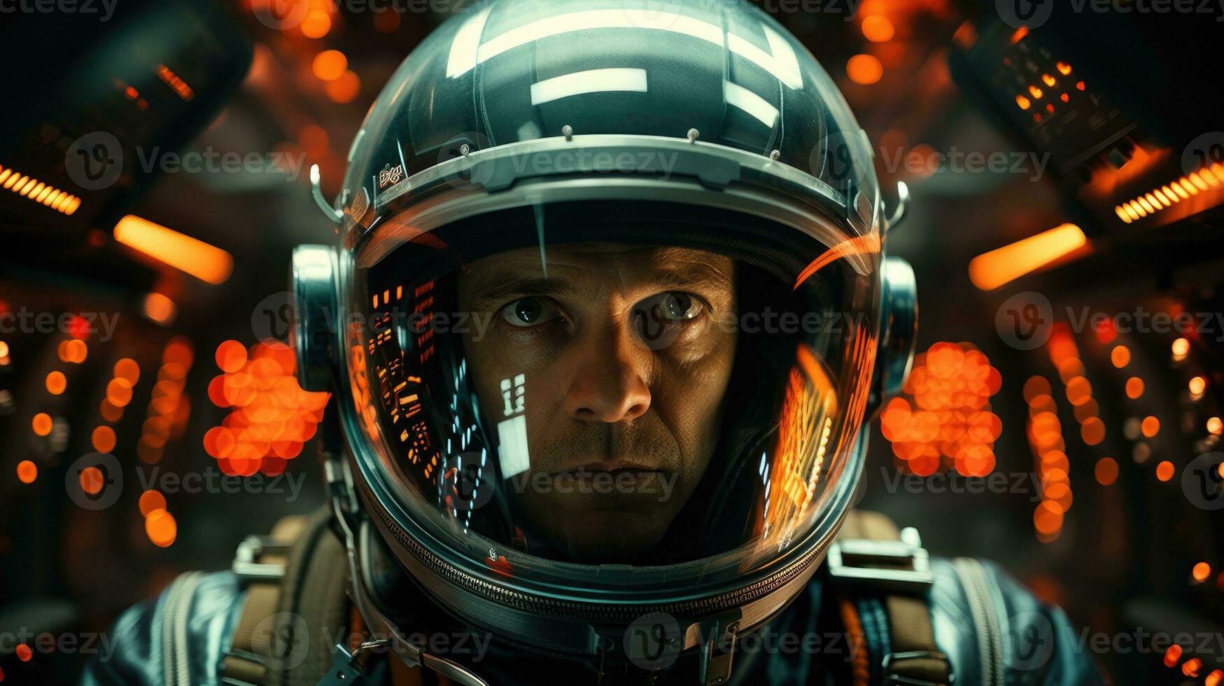 Close-up astronaut in the environment reflecting the lights and images of the cockpit of a spaceship. Generative AI photo