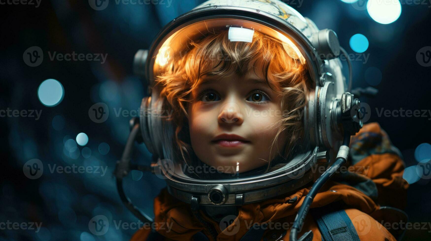 Cute little boy is dressed in astronaut suit and his eyes are full of curiosity. Generative AI photo