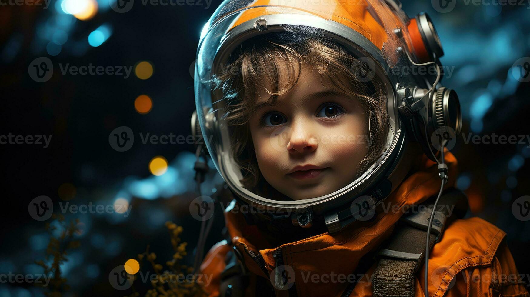 Cute little boy is dressed in astronaut suit and his eyes are full of curiosity. Generative AI photo