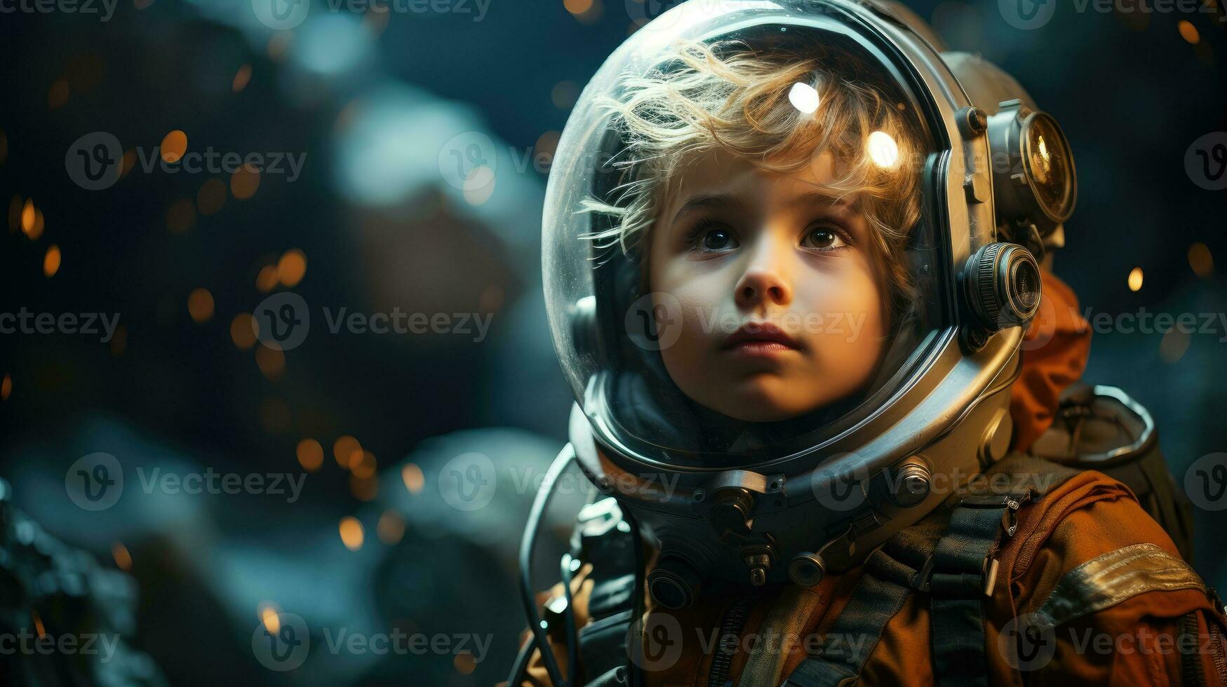Cute little boy is dressed in astronaut suit and his eyes are full of curiosity. Generative AI photo