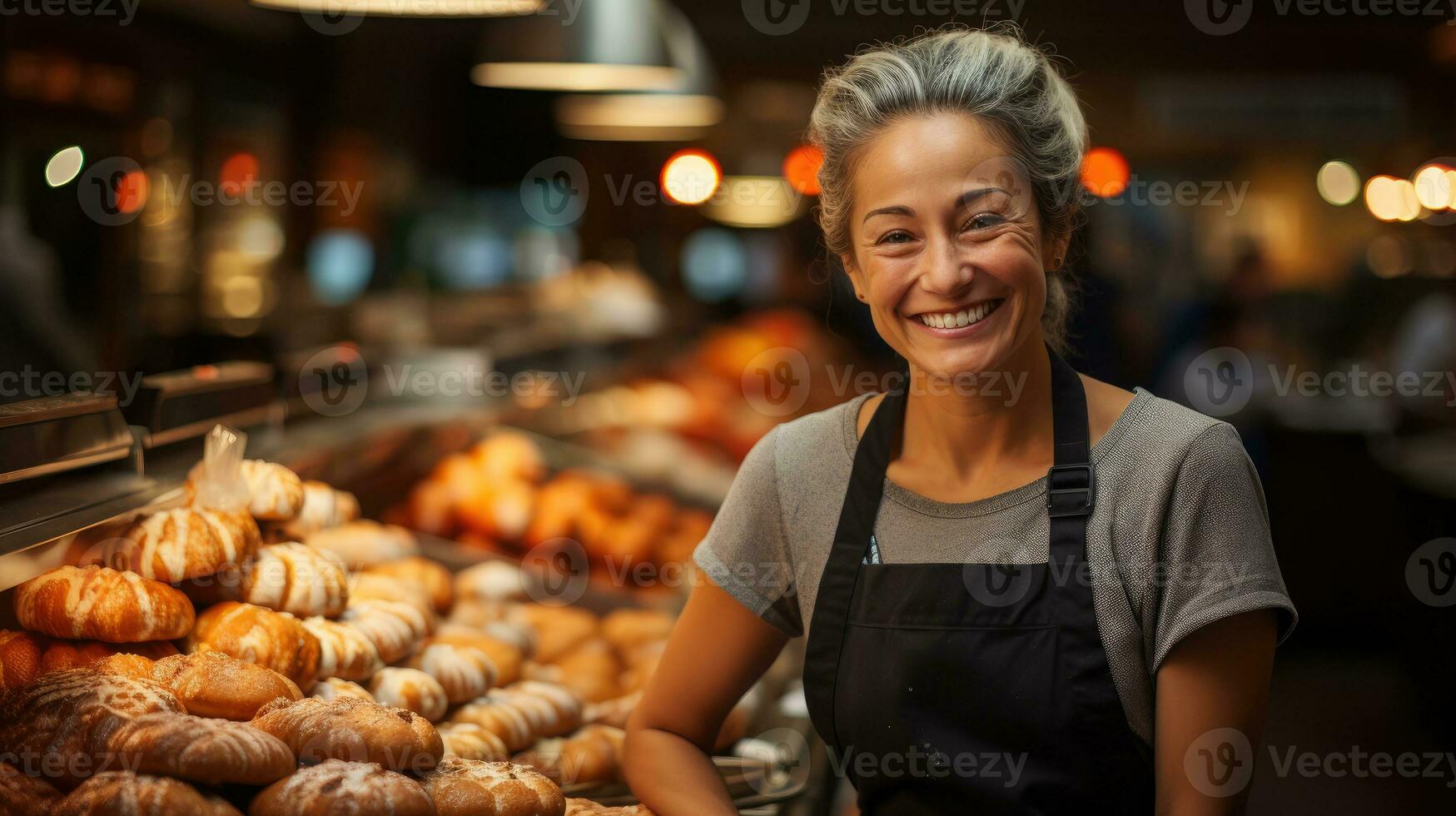 Happy woman working in a bakery with a sincere smile. Generative AI photo
