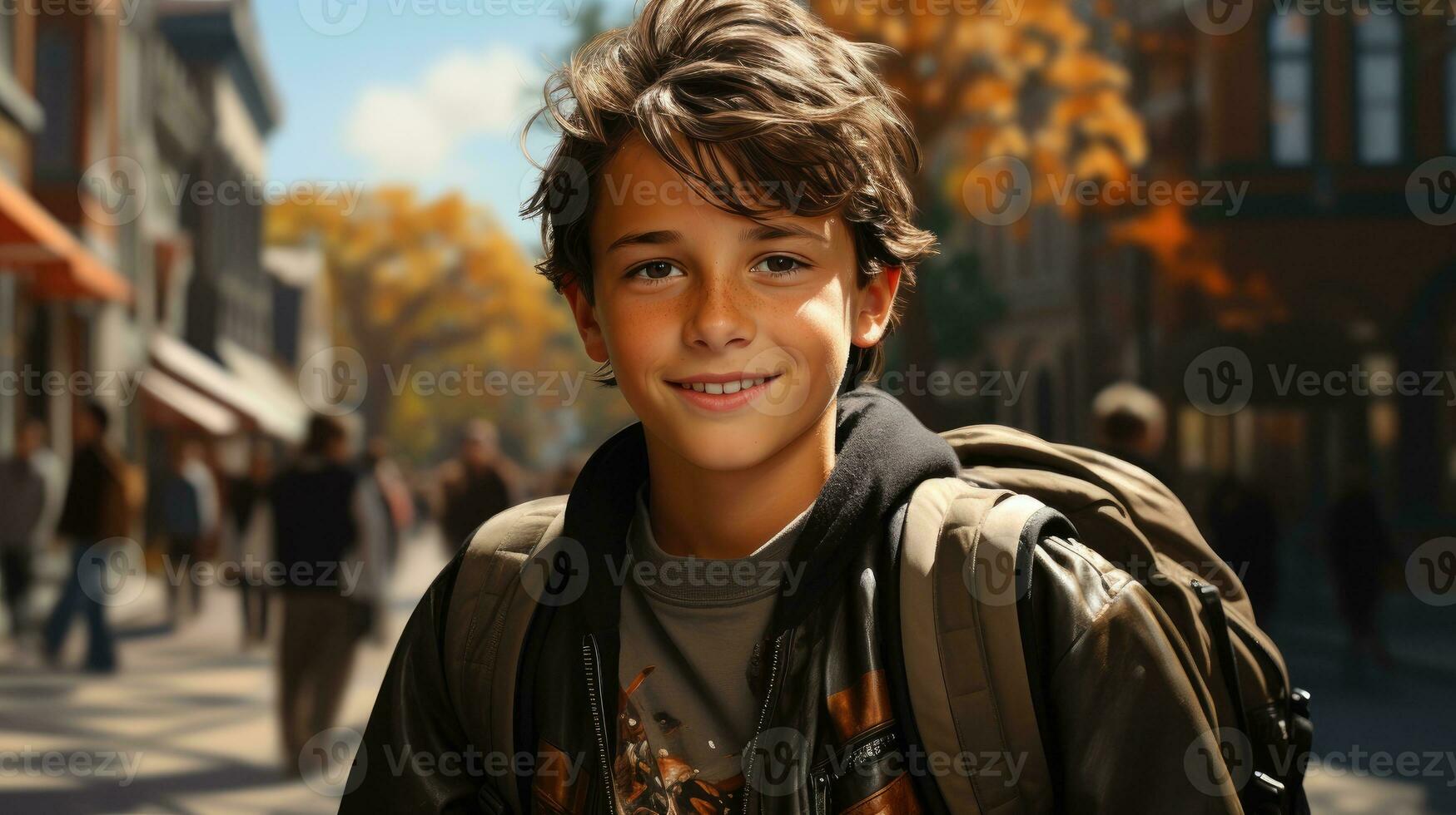 Back-to-school themed picture of a boy who goes to school happily. Generative AI photo