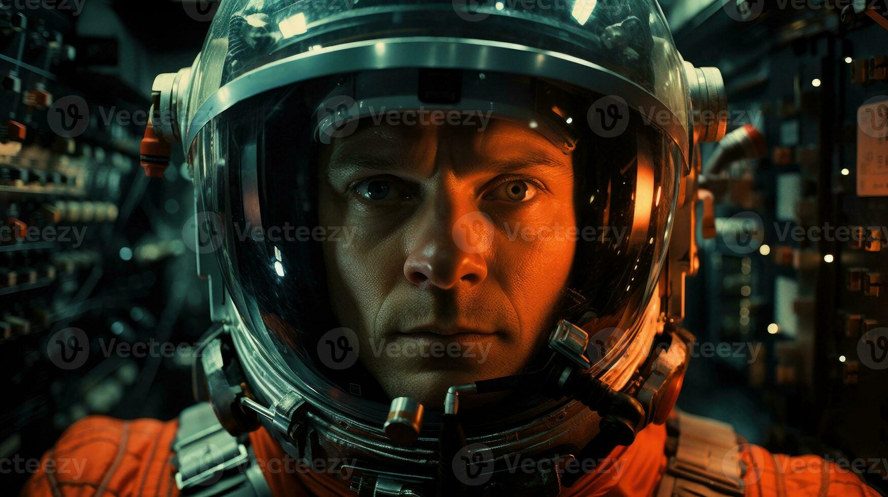 Close-up astronaut in the environment reflecting the lights and images of the cockpit of a spaceship. Generative AI photo