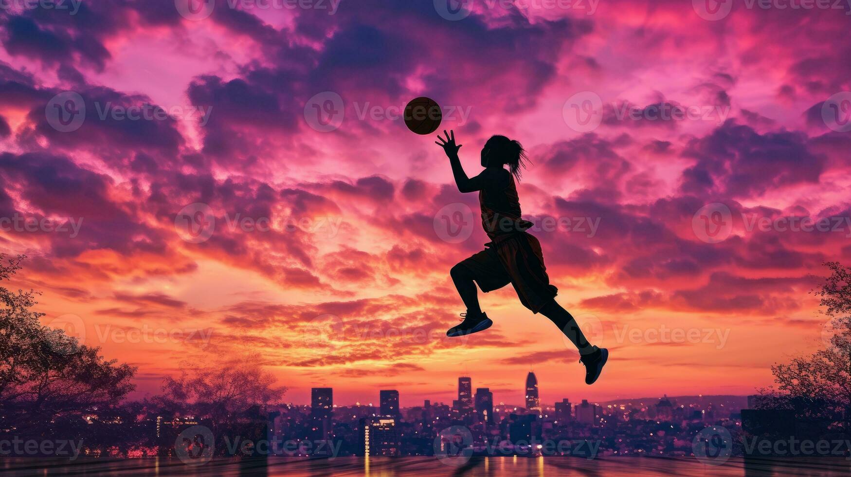 Silhouette of player preparing to dunk on basketball court with sunset and city skyline in the background. Generative AI photo