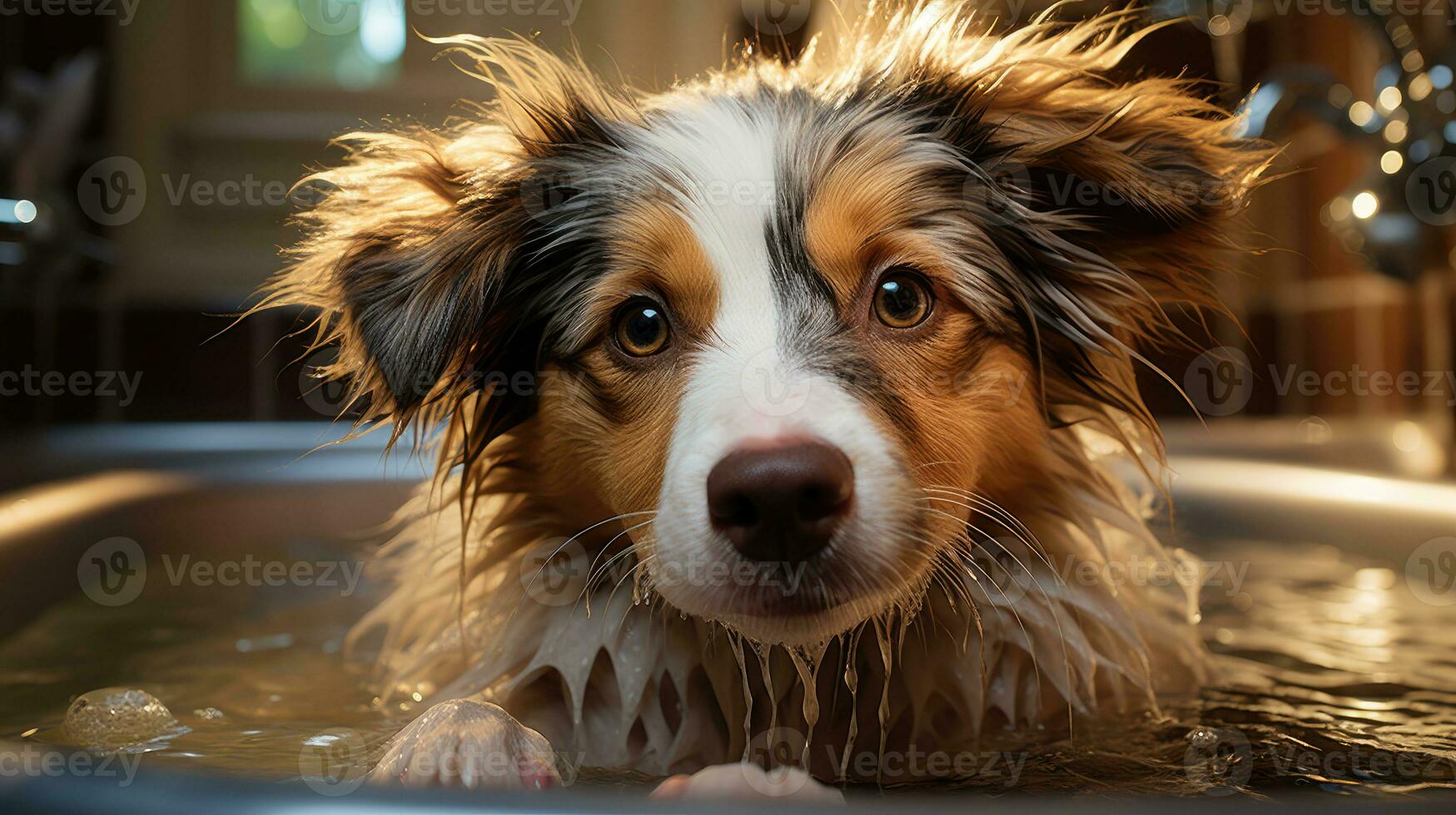 A cute pet puppy with wet hair is taking a bath. Generative AI photo