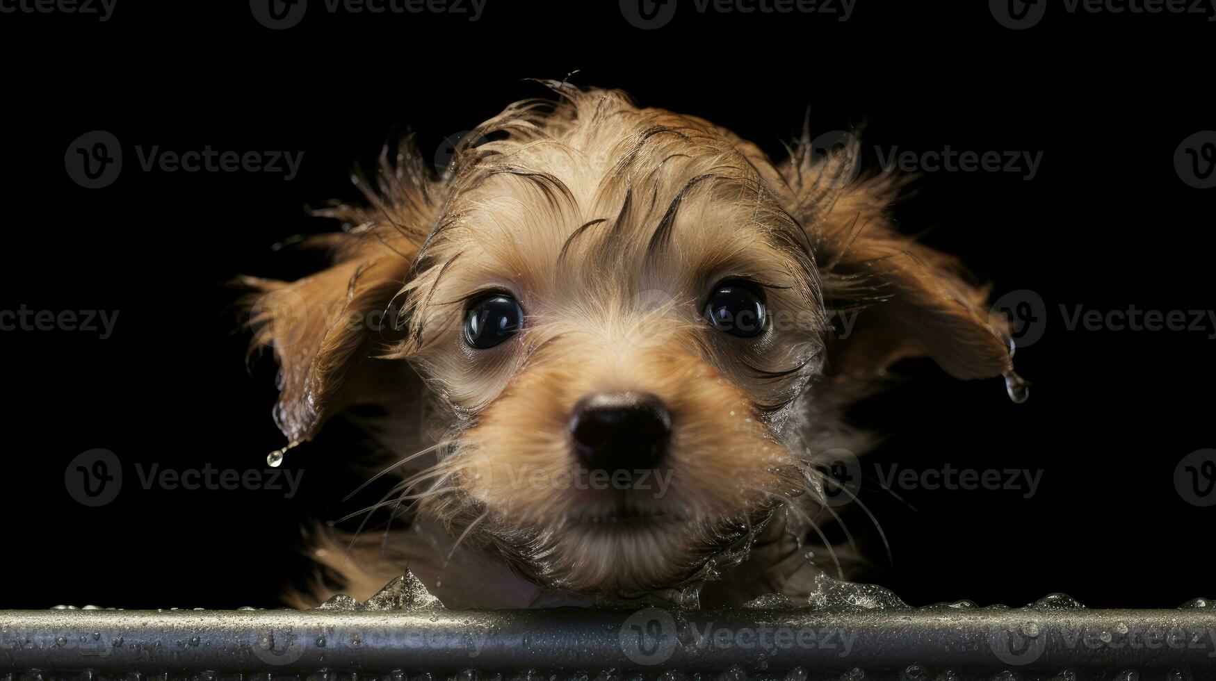 A cute pet puppy with wet hair is taking a bath. Generative AI photo