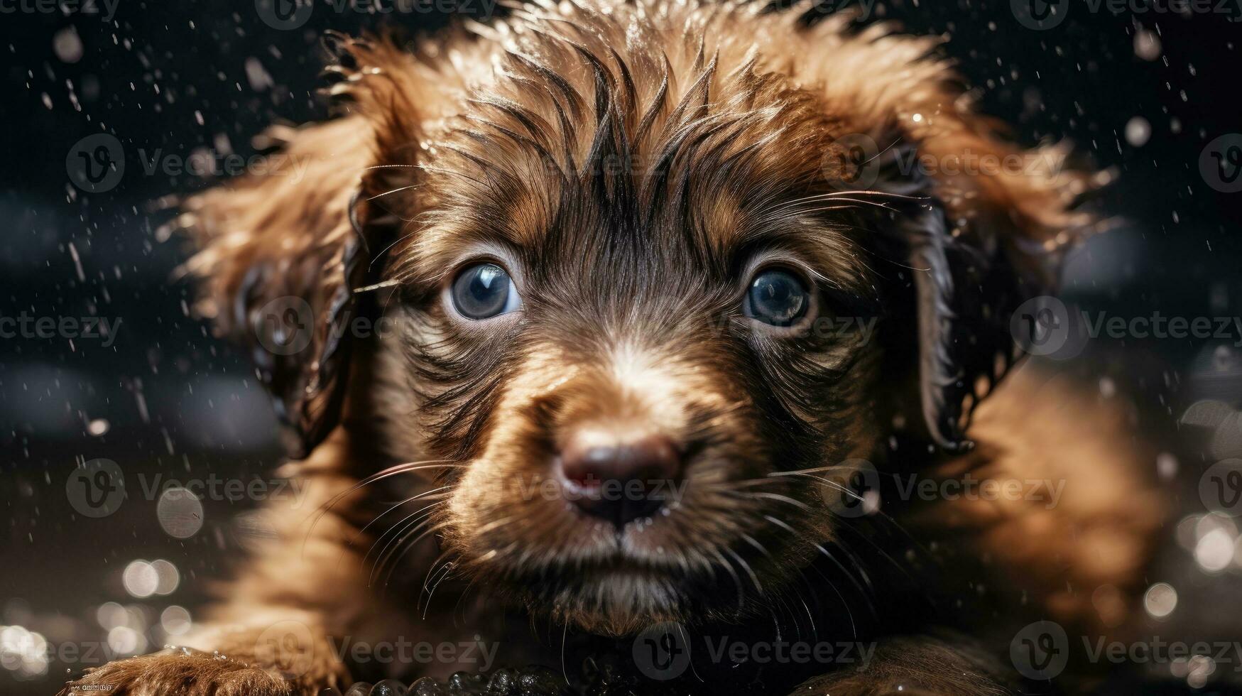 A cute pet puppy with wet hair is taking a bath. Generative AI photo